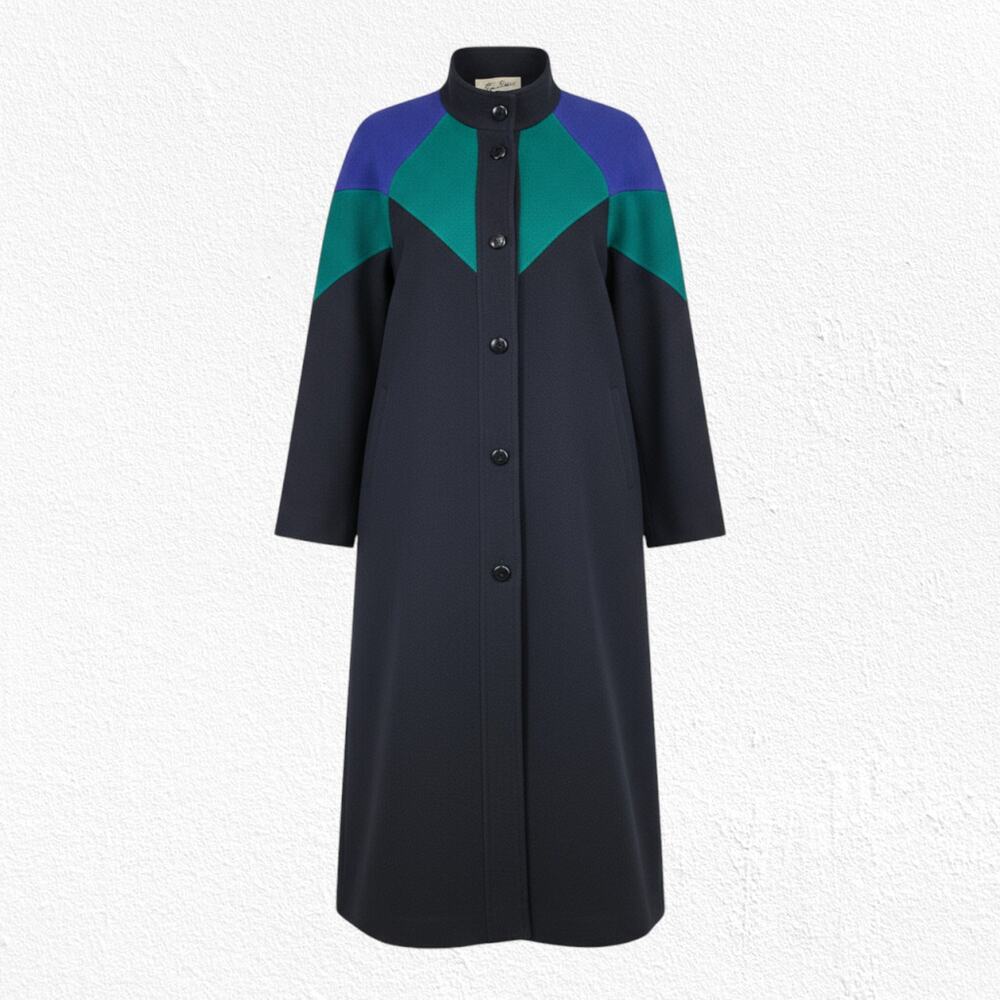Vintage 80s Black Green Colorblock Wool Coat Geometric Long Overcoat Size 16